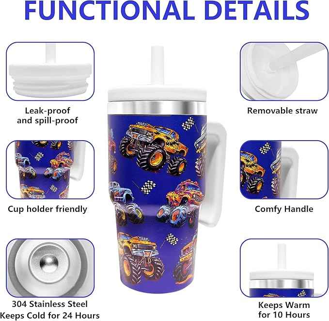 20-OZ Insulated Water Bottle,Insulated Stainless Steel Tumbler,Reusable Cold Drink Thermos,BPA-Free, Double-Wall Stainless Steel Water Bottle (Dark blue-Monster truck, 20, Fluid Ounces)