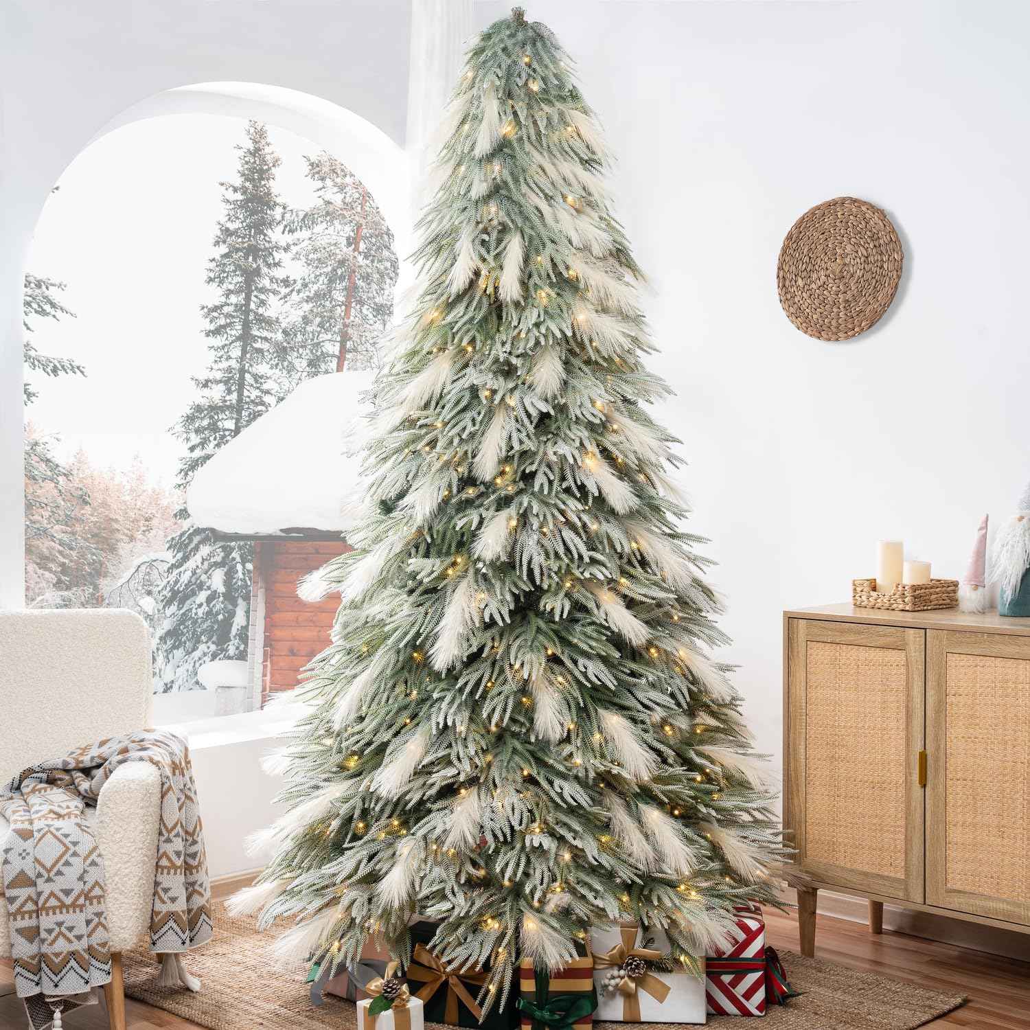 Makenna 6.5ft Snow Flocked Feathery Frosted Prelit Artificial Christmas Tree with 4958 Pampas Tips, 350 Warm Lights and Metal Stand, 40" Wide Realistic Snow Flocked Pine Christmas Tree with Lights