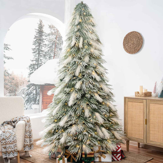 Makenna 6.5ft Snow Flocked Feathery Frosted Prelit Artificial Christmas Tree with 4958 Pampas Tips, 350 Warm Lights and Metal Stand, 40" Wide Realistic Snow Flocked Pine Christmas Tree with Lights