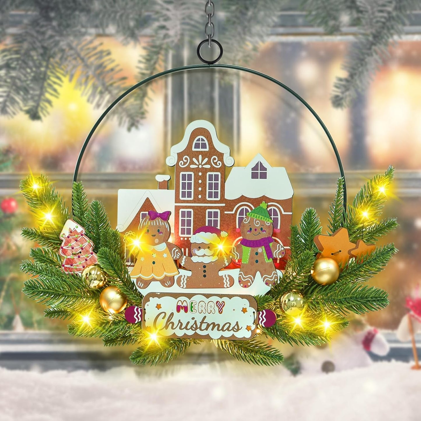 Light up Christmas Wreaths for Front Door, Welcome Metal Wooden Door Wreath Decor Hanging Sign, 30 LED Lighted Wall Decor Battery Operated for Halloween Indoor Outdoor (Gingerbread Man)