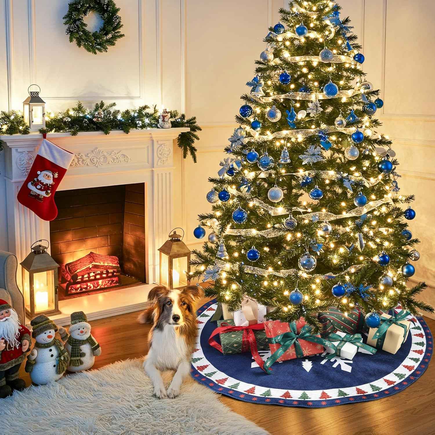 MACTING Christmas Tree Skirt, 30 Inch Round Blue Polyester Christmas Tree Skirts with Big Snowflake and Christmas Tree Printed for Holiday Party Rustic Xmas Tree Decoration