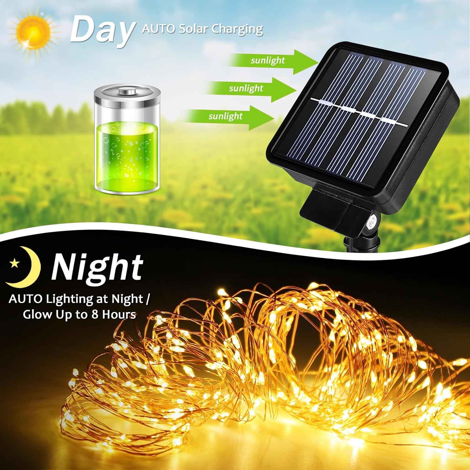 ALENEY Solar String Lights Outdoor, 99 Feet 300 LEDs 8 Modes Solar Fairy Lights for Outside, Waterproof Outdoor Light for Patio Yard Christmas Tree Halloween Wedding Party Decorations, Warm White