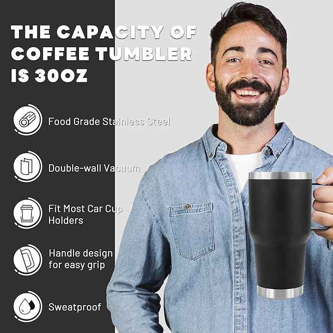 30 oz Tumbler With Handle, Double Wall Stainless Steel Vacuum Insulated Travel Mug with Splash-Proof Lid Metal Straw and Brush (Black)
