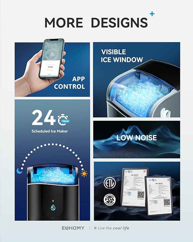 EUHOMY Smart Nugget Ice Maker Countertop, Sonic Ice Maker Machine with APP Control, Ready in 7 Mins, 40lbs/24H, Self-Cleaning, Portable Pebble Ice Makers with Hanging Ice Scoop for Home/Kitchen/Office