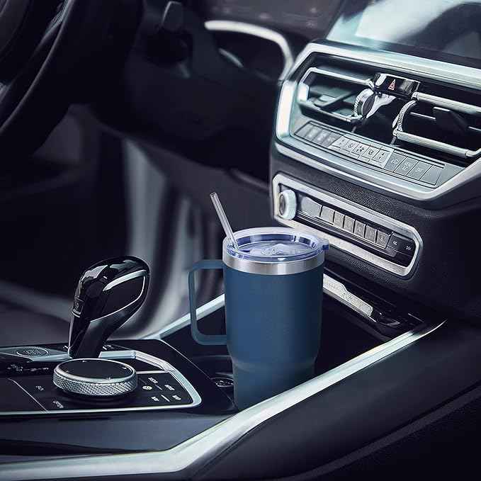 20 oz Tumbler with Handle, insulated cup coffee mug with lid, straw and handle, Double Wall Stainless Steel Vacuum Coffee Tumbler travel mug spill proof, 1pcs Navy Blue