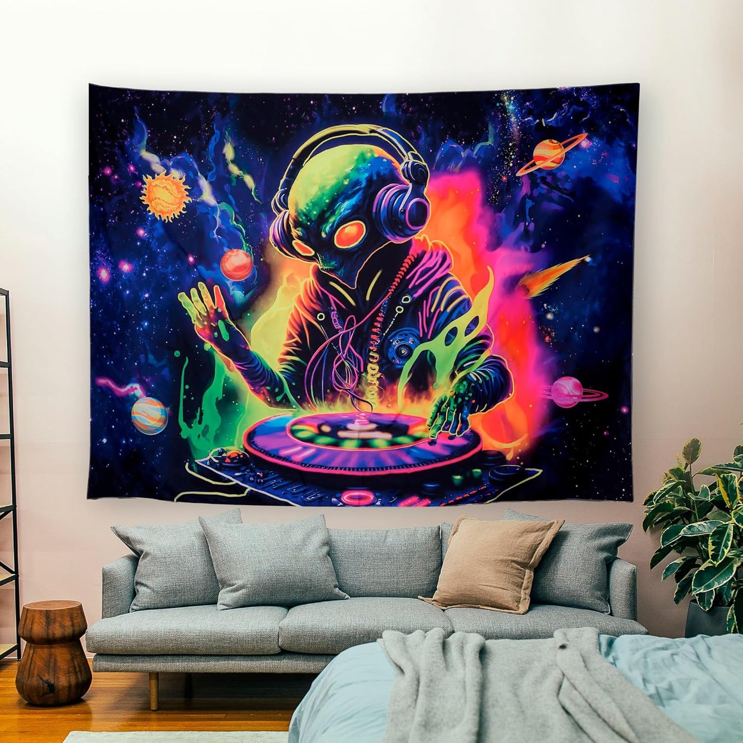 OSVINO Blacklight Alien Tapestry 79"x59" UV Reactive Alien DJing Wall Hanging Art Bedroom Decor Moon and Sun Planets Posters Wall Hanging Hippie Decor