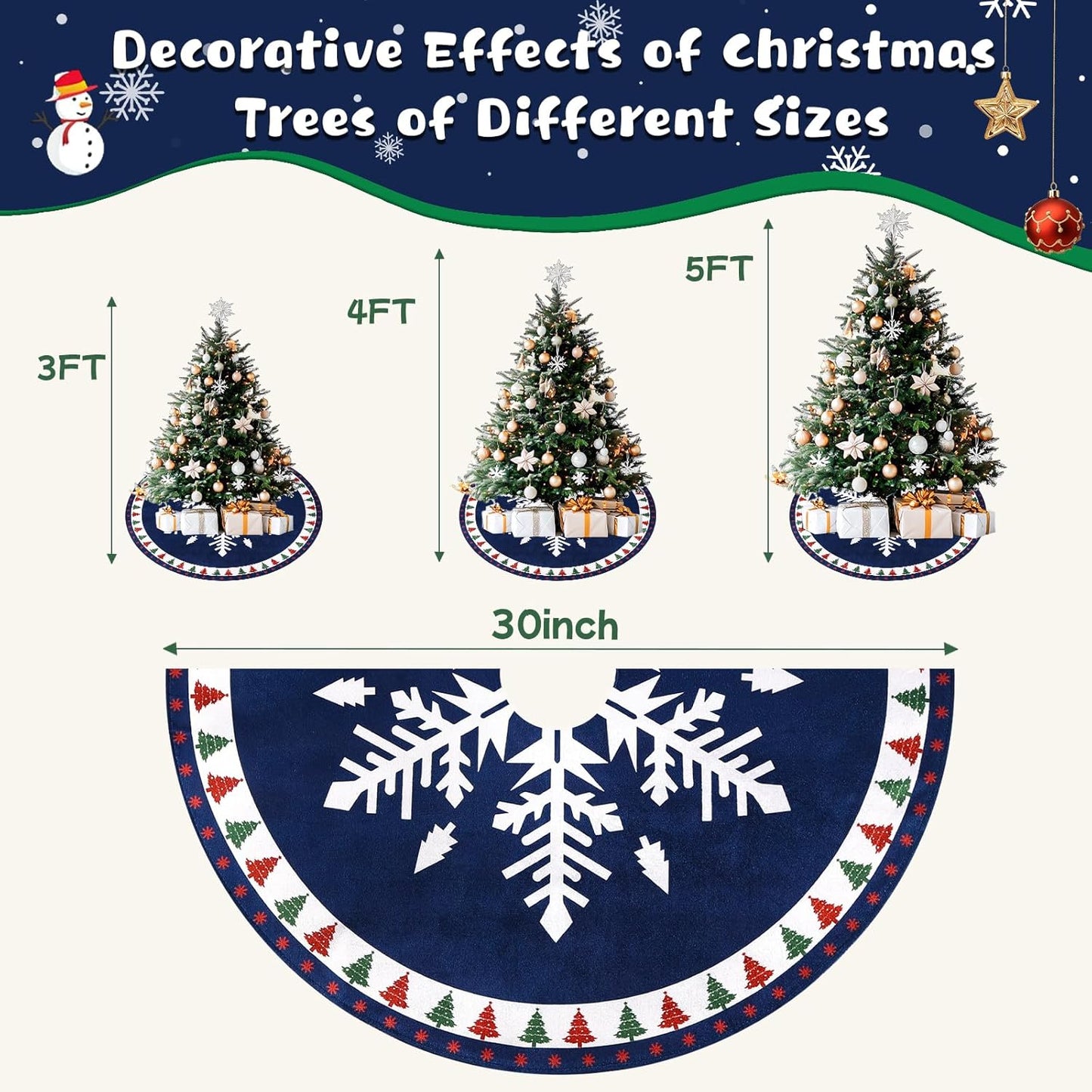MACTING Christmas Tree Skirt, 30 Inch Round Blue Polyester Christmas Tree Skirts with Big Snowflake and Christmas Tree Printed for Holiday Party Rustic Xmas Tree Decoration
