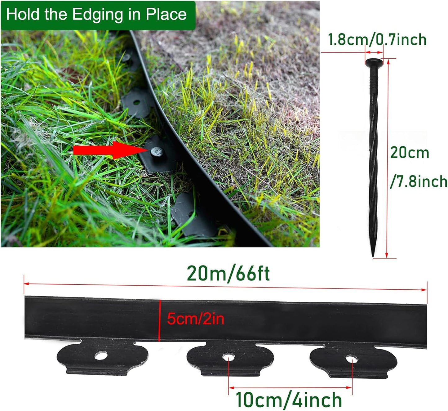 Landscape Edging 66ft, 2IN Tall Garden Edging with 60pcs Archoring Spikes, Flexible Lawn Edging Borders Kits, Plastic Edging for Landscaping, Garden Fence, Flower Beds, Paving Edging, Black