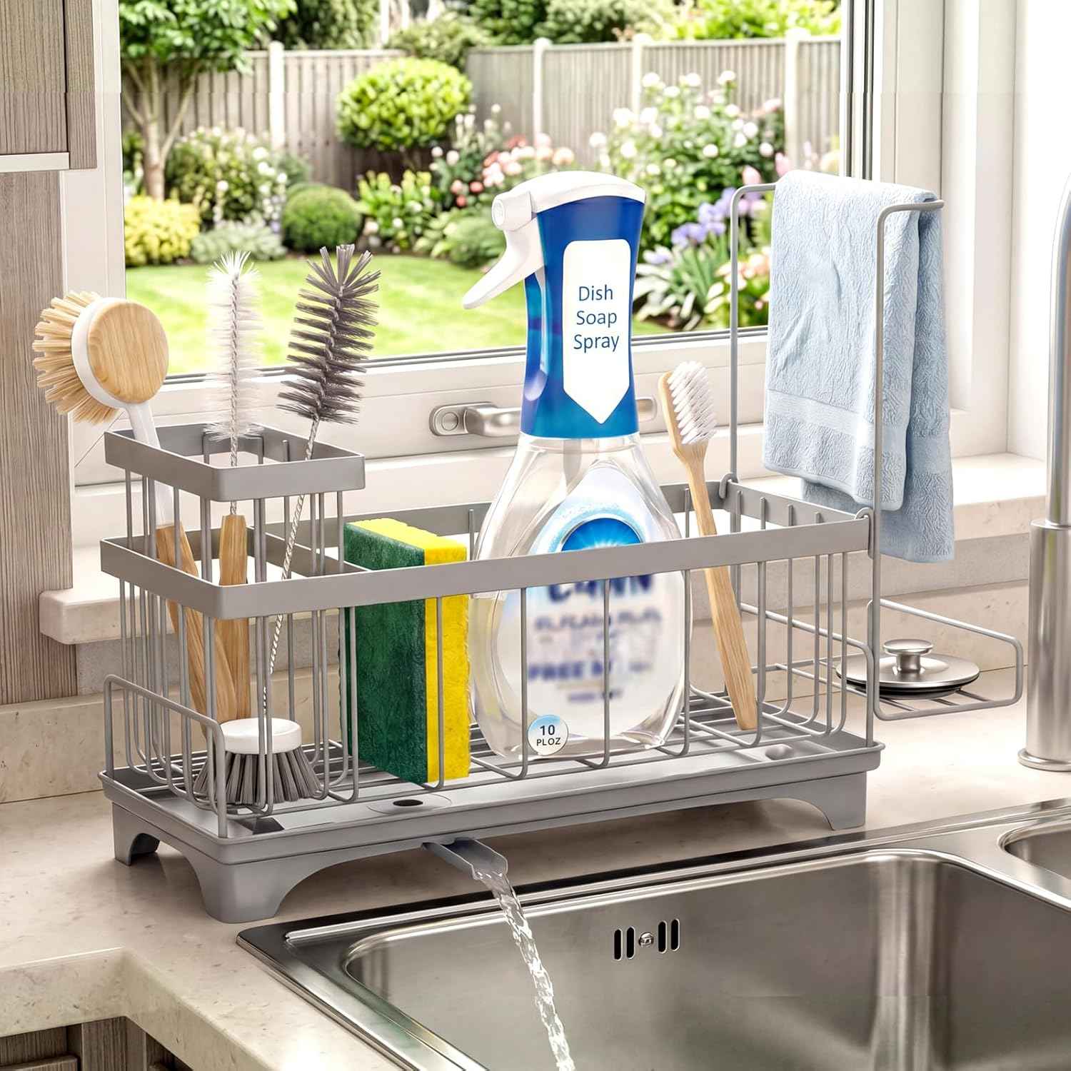 VOOWO Sponge Holder for Kitchen Sink, Compact Sink Caddy with Detachable Brush Holder and Towel Rack, Stainless Steel Kitchen Sink Organizer for Dish Sponge, Soap Dispenser Storage Accessories (Gray)