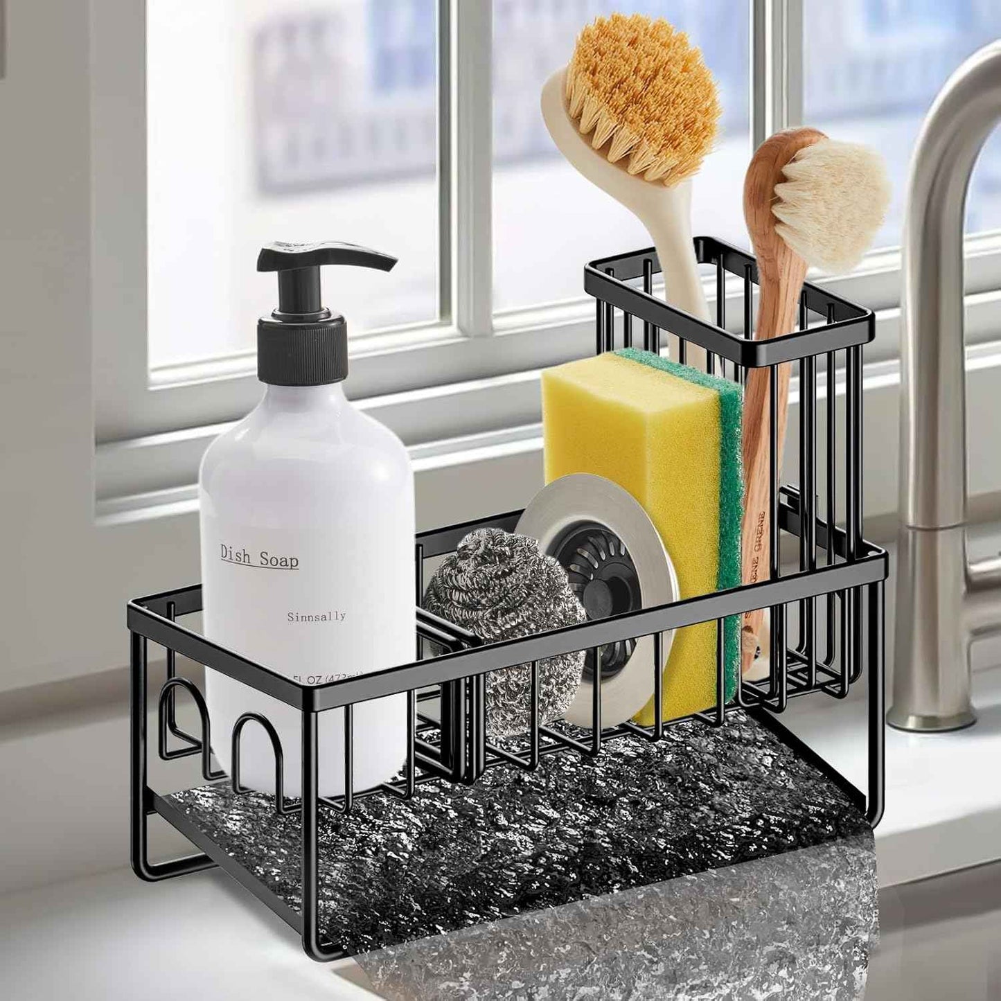 Sinnsally Kitchen Sponge Holder,Sink Caddy Organizer with Brush Holder,Stainless Steel Sink Box Dish Scrubber Holder with Self Drain Tray,Soap Dispenser Kitchen Storage Accessories(1 Tier-Black)