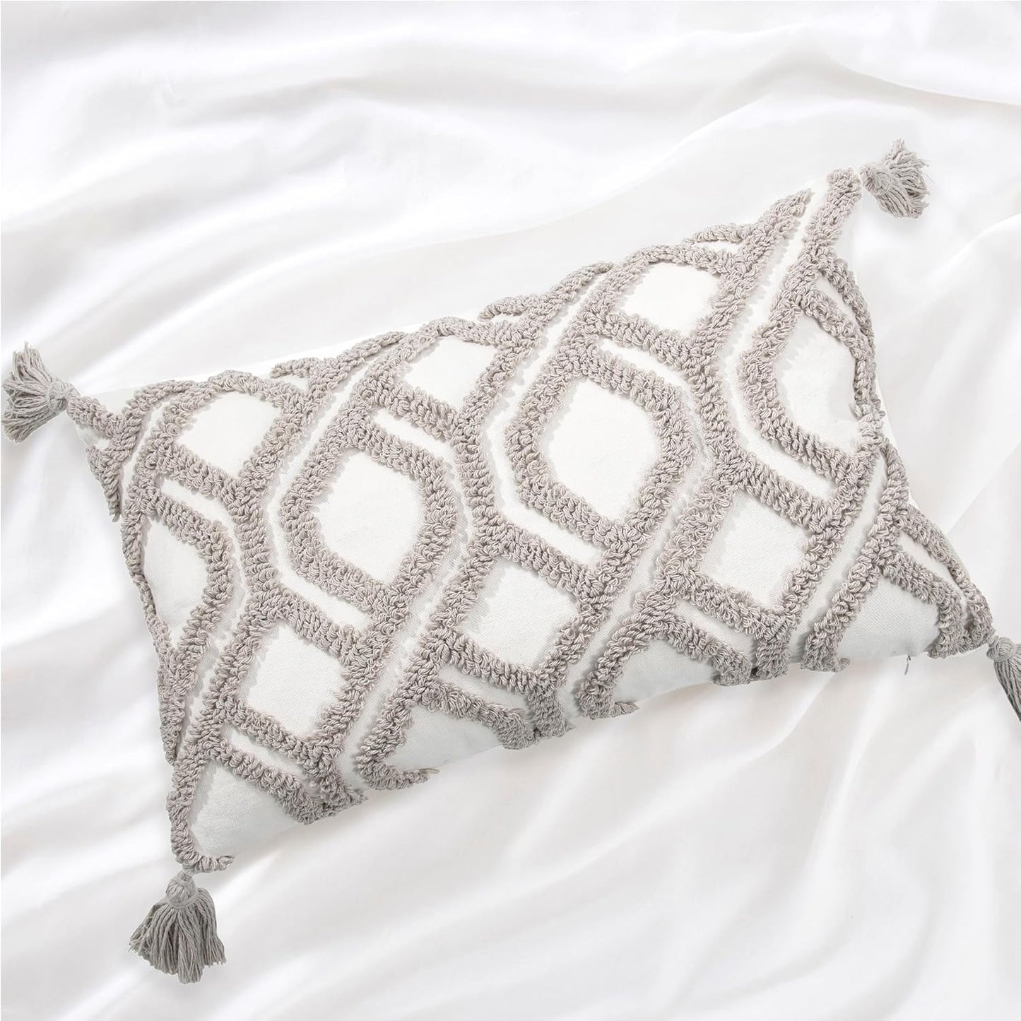Boho Pillow Covers 12X20 Inch Boho Tufted Throw Pillow Covers Decorative Tassels Cushion Cover Farmhouse Pillow Case for Couch Sofa Bed Living Room Bedroom, Taupe