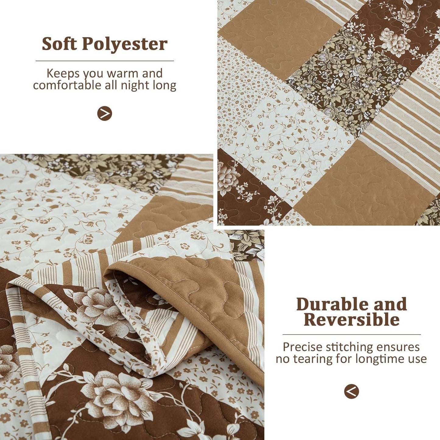 Dobuyly Fall Quilt Queen Size, Brown Floral Plaid Patchwork Bedspread Fall Bedding Set, Soft Lightweight Microfiber Coverlet Set for All Season (1 Quilt, 2 Pillow Shams)