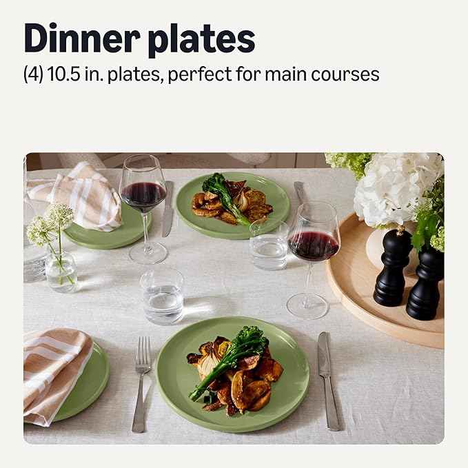Amazon Basics Glazed Stoneware Dinner Plates, Ceramic 4-Piece Set, Microwave, Dishwasher and Freezer-Safe, 10.5 in., Olive
