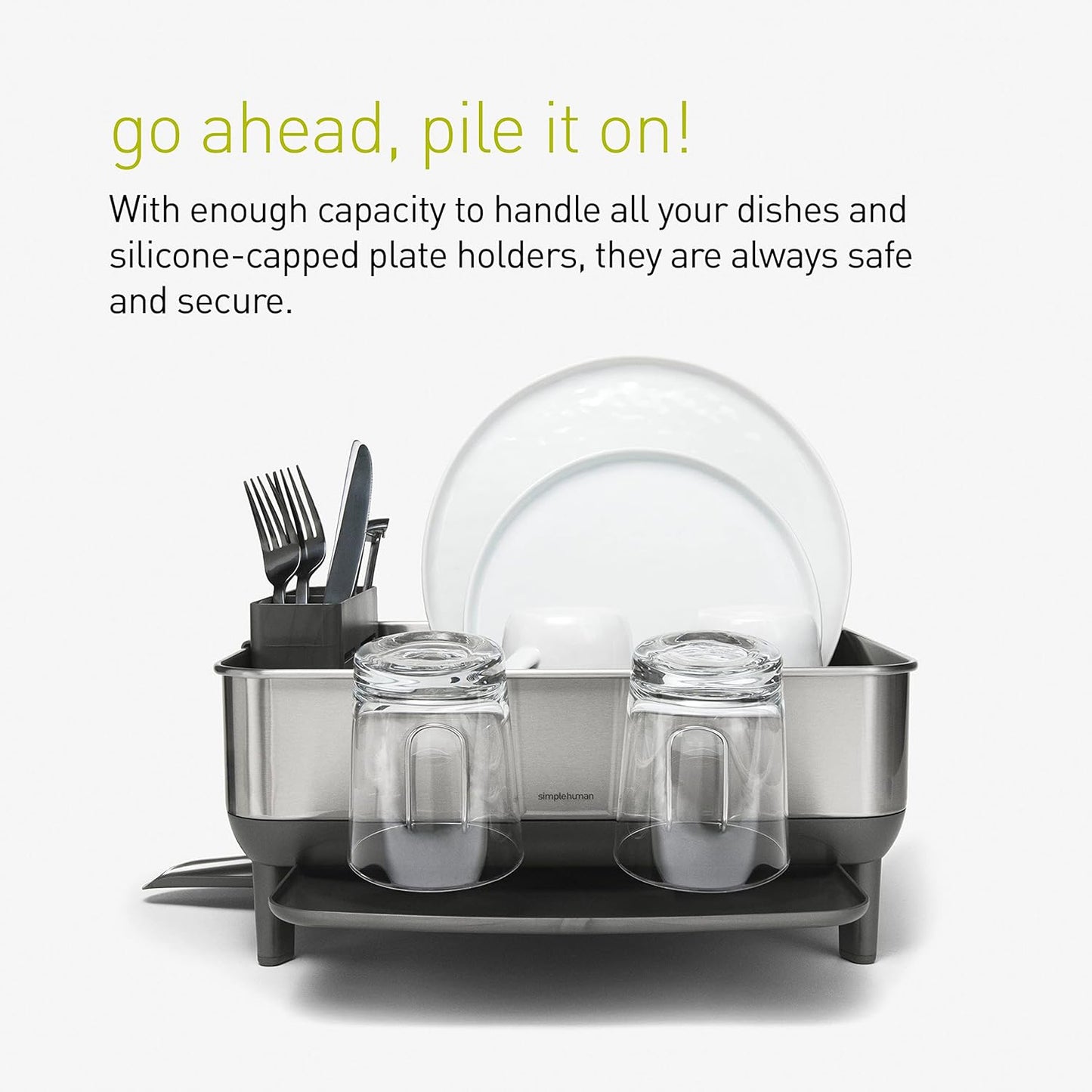 simplehuman Steel Frame Dishrack, Compact Dish Drying Rack for Small Kitchens, 360º Easy Drain Swivel Spout, Anti-Residue Coating, Moisture Control Surface, Brushed Stainless Steel
