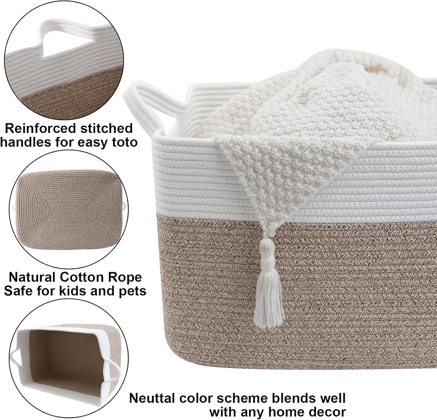 Large Blanket Basket,Woven Rope Basket Storage Bin with Handles,65L Rectangle Laundry Basket for Magazines,Toys,Clothes,Newspaper Shelf Organization,Nursery and Living Room,White & Brown