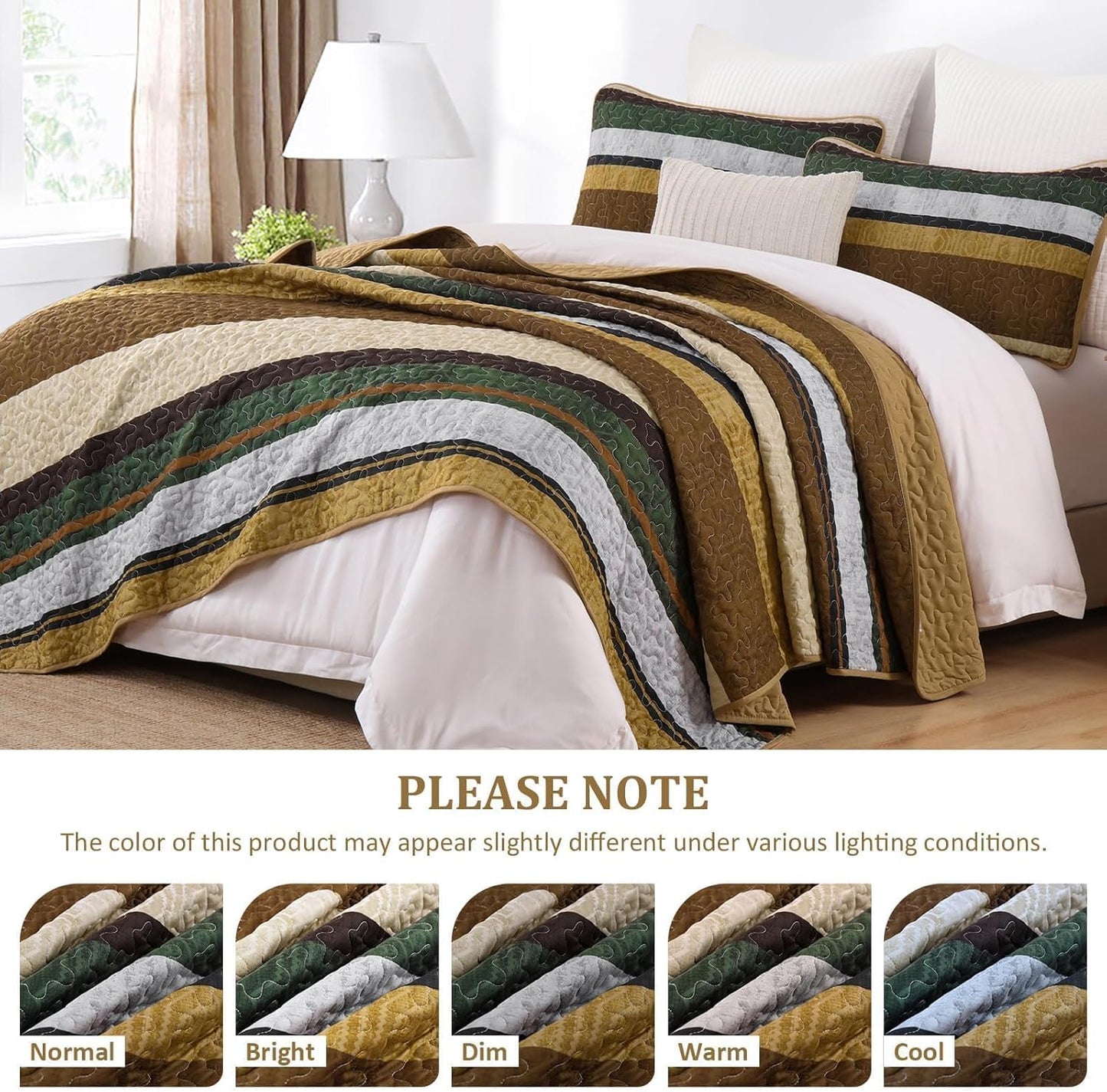 Dobuyly Brown Quilt King Size Set, Boho Fall Bedspread, Striped Bedding Sets 3 Pieces, Lightweight Soft Coverlet Bed Sets with 2 Pillow Shams 110"x90"