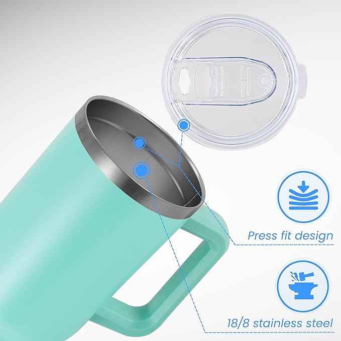 DOMICARE 40 oz Tumbler with Handle and Straw, Stainless Steel Tumbler with Lid and Straw, Reusable Vacuum Insulated Cup, Travel Coffee Mug, Mint Green, 4Pack