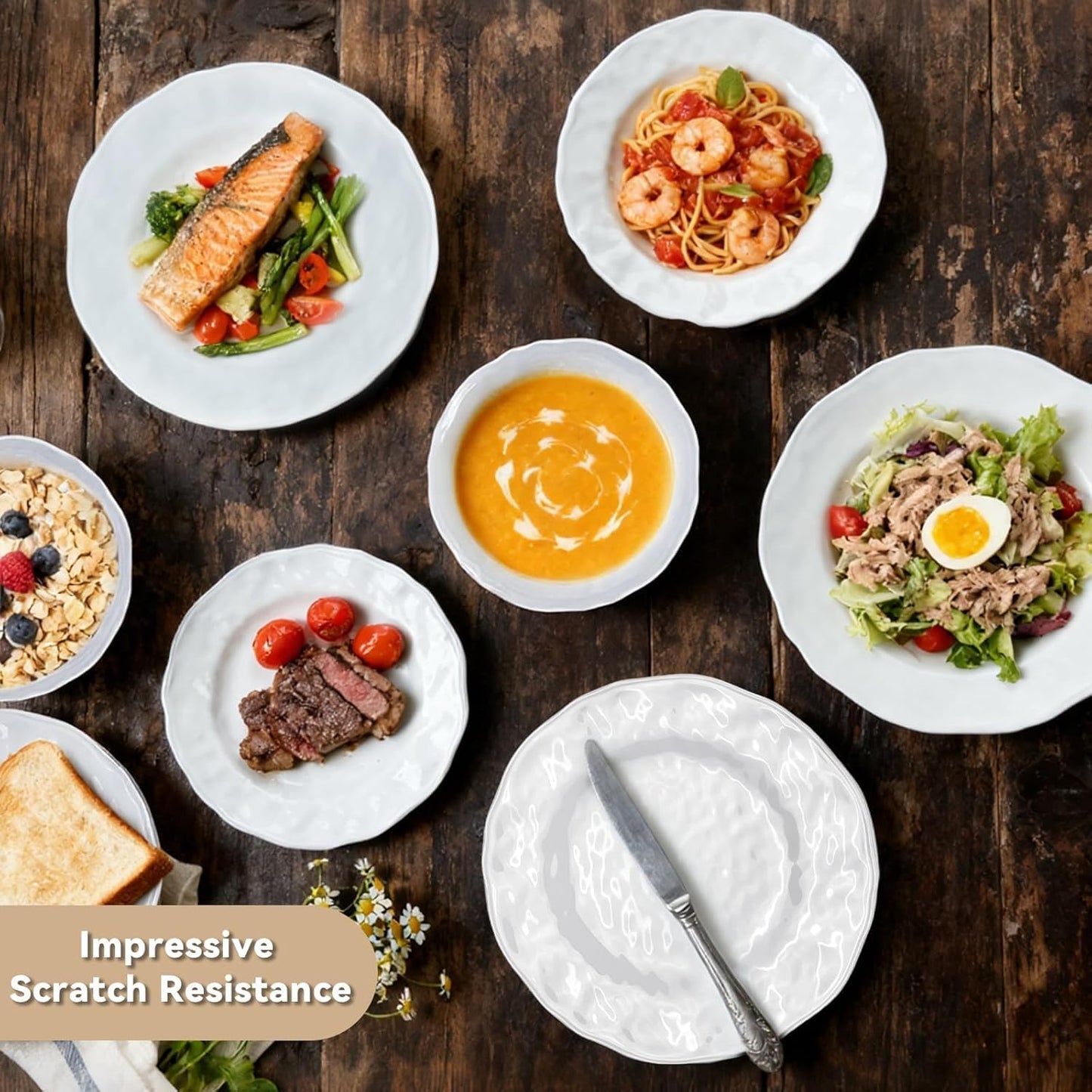 12-Piece Melamine Plastic Dinnerware Set - Large Plates and Bowls with Scalloped Edge and Textured Surface for 4 - Dishwasher Safe, Non-Breakable, Perfect for Family Meals and Parties - White