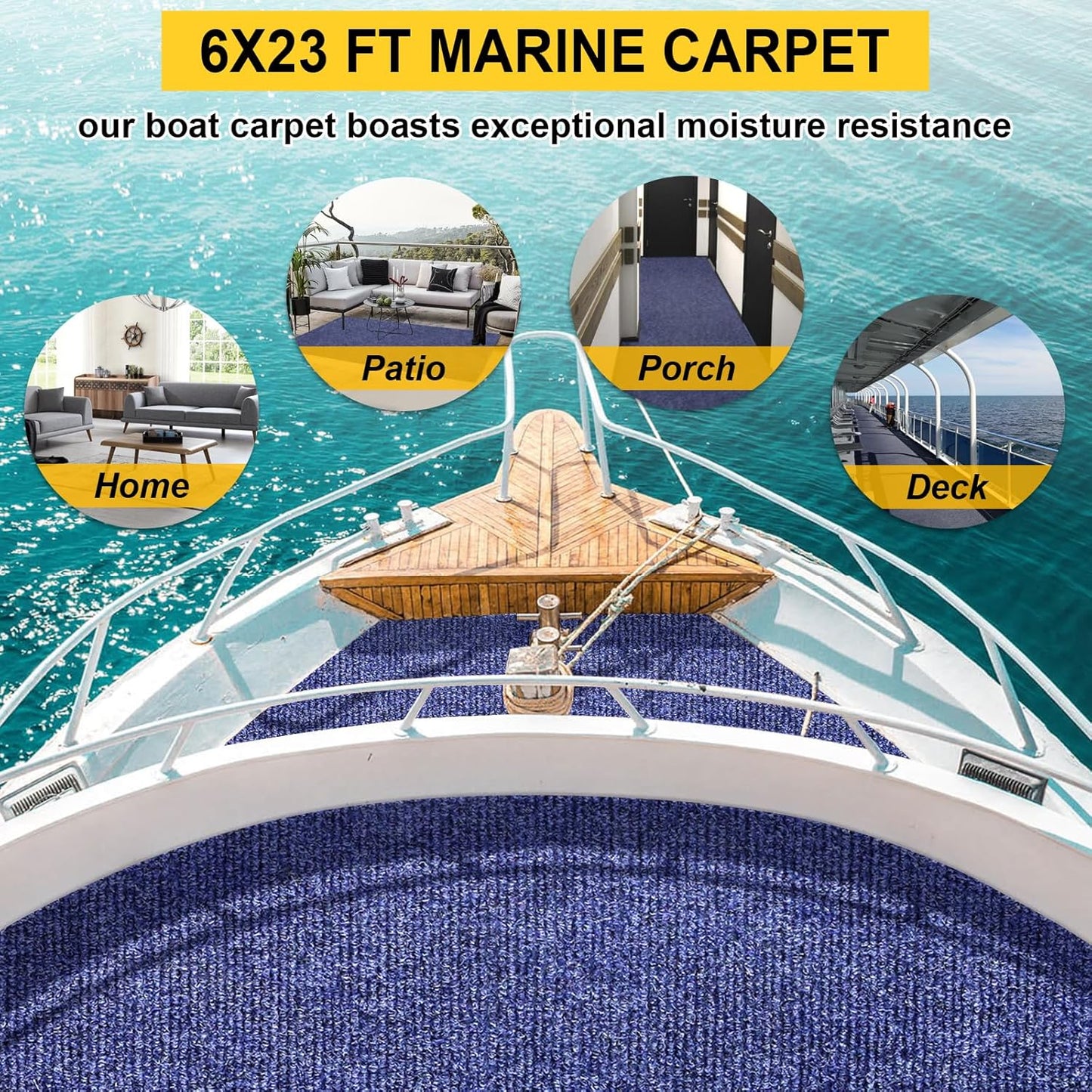 Marine Carpet,6 FT x 23 FT Deep Blue Indoor Outdoor Carpet 0.2" Thick Boat Carpet with Water-Proof TPE Backing, Non-Slide Outdoor Marine Carpet Roll for Home, Patio, Porch, Deck
