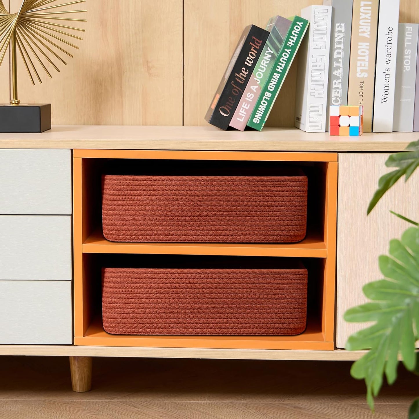 Large Shallow Organizing Baskets 15x11x5.1 Inches - Rope Woven Storage Bins for Bathroom, Shelves, Cube Closet, Red 2 Packs