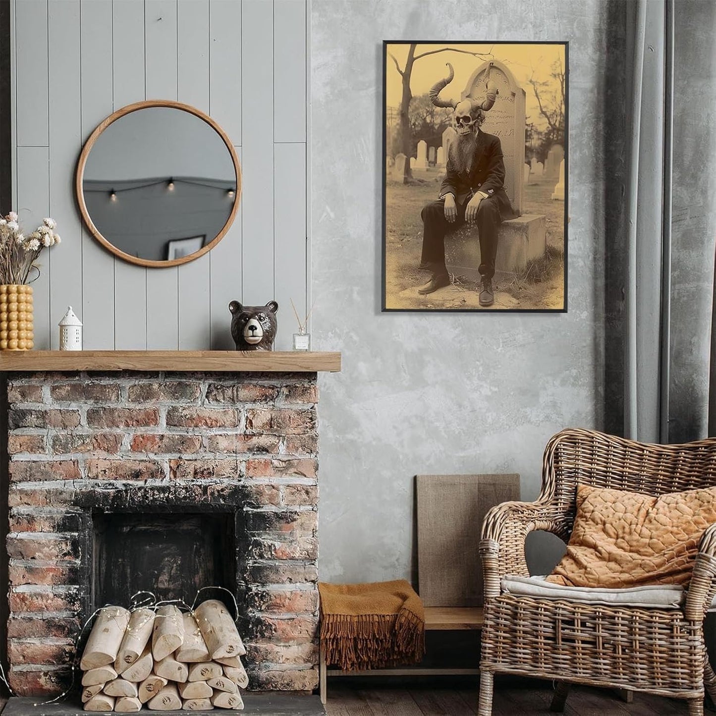 Skeleton Halloween Forest Occult Poster Vintage Spooky Canvas Wall Art Gothic Room Decor Dark Academia Bedroom Decorations Creepy Skull Prints Picture Aesthetic 12X16inch Aluminum Framed