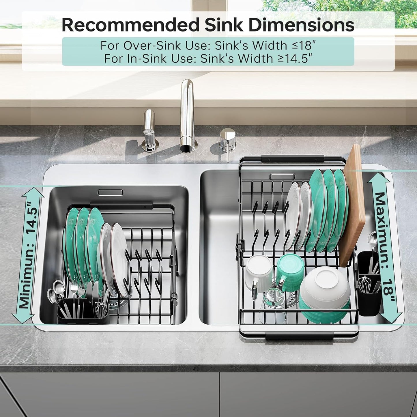 Urackify Dish Drying Rack in Sink - Expandable (14.5''-18''L) Over The Sink Dish Rack with Utensil Holder, Space-Saving Dish Drainer for Kitchen Counter, 1 Piece, Matte Black