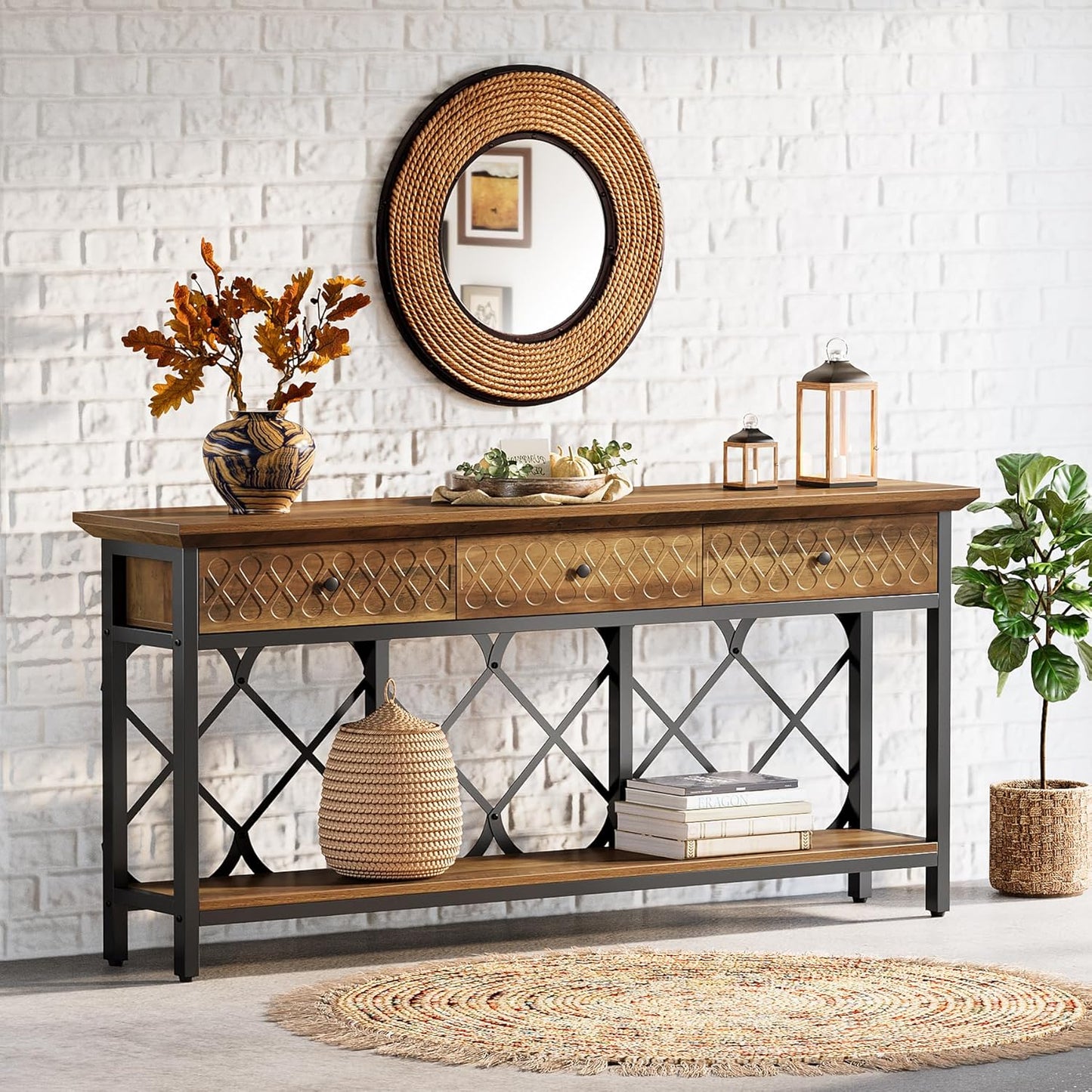 Tribesigns 70.86" Extra Long Console Sofa Table with 3 Drawers, Industrial 2-Tier Narrow Entryway Table Behind The Couch for Living Room, Entryway, Hallway