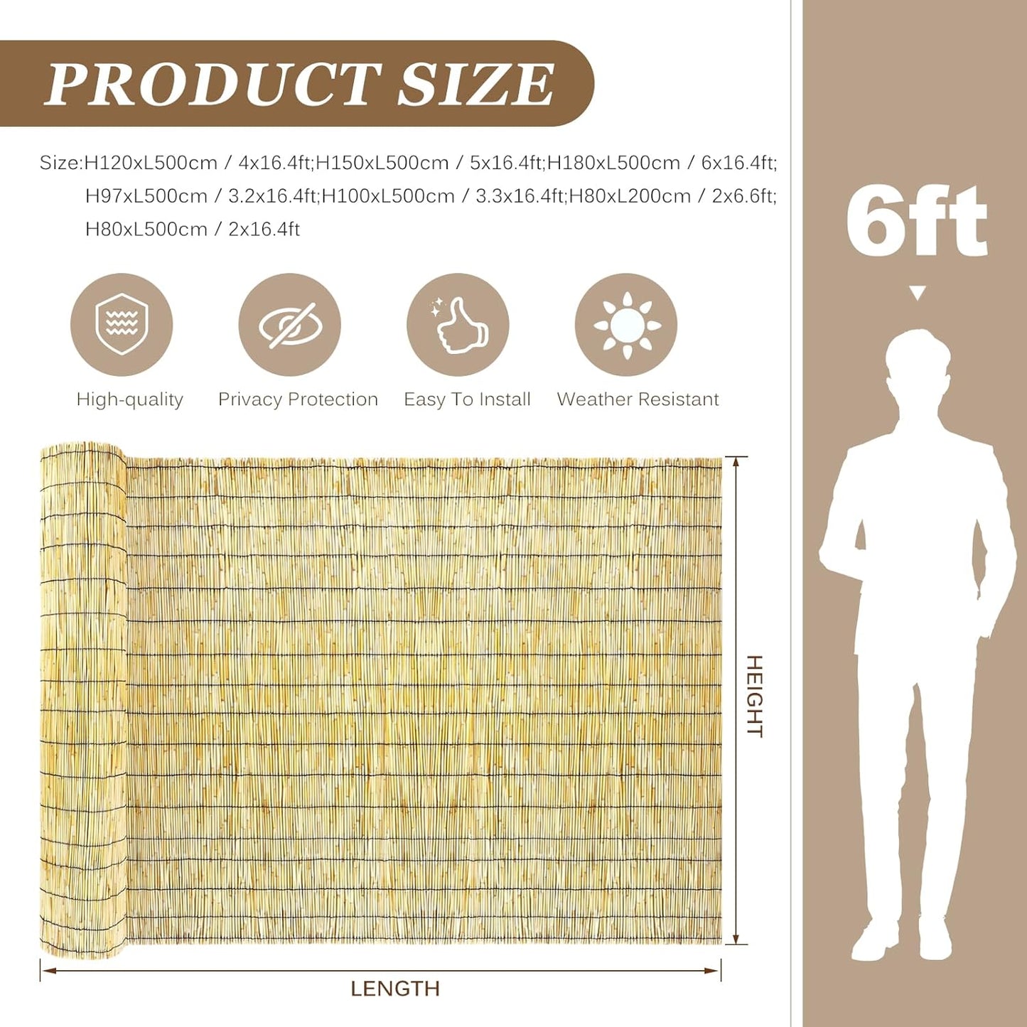 Natural Reed Fencing Rolls: Privacy Bamboo Fence 3/4/5/6ft High Roll Reed Screen, Decorative Bamboo Fencing for Outdoor Balcony Patio Garden Backyard,with Cable Zip Ties(Nature, 4x16.4ft)