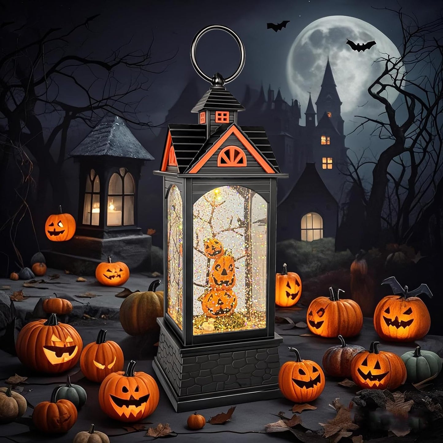 Halloween Snow Globe Lantern, Spooky Ghost Halloween Decor, Plug-in & Battery Operated Snow Globes for Halloween Decorations Indoor