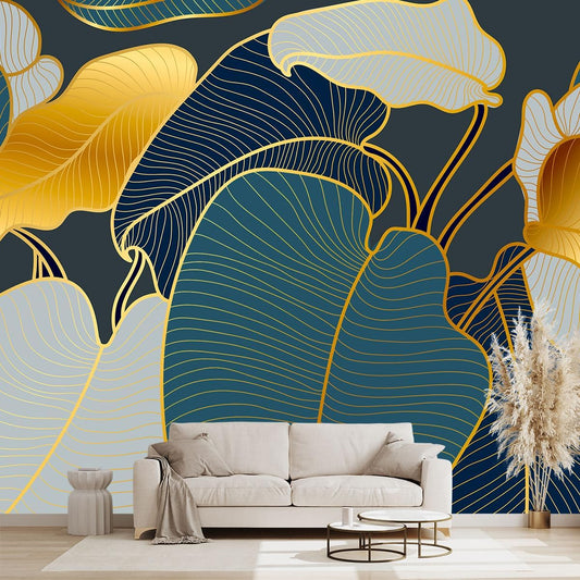 Golden Botanical Leaf wallpeper Living Room Bedroom Wall Mural - 160"x108"（Not Peel and Stick）