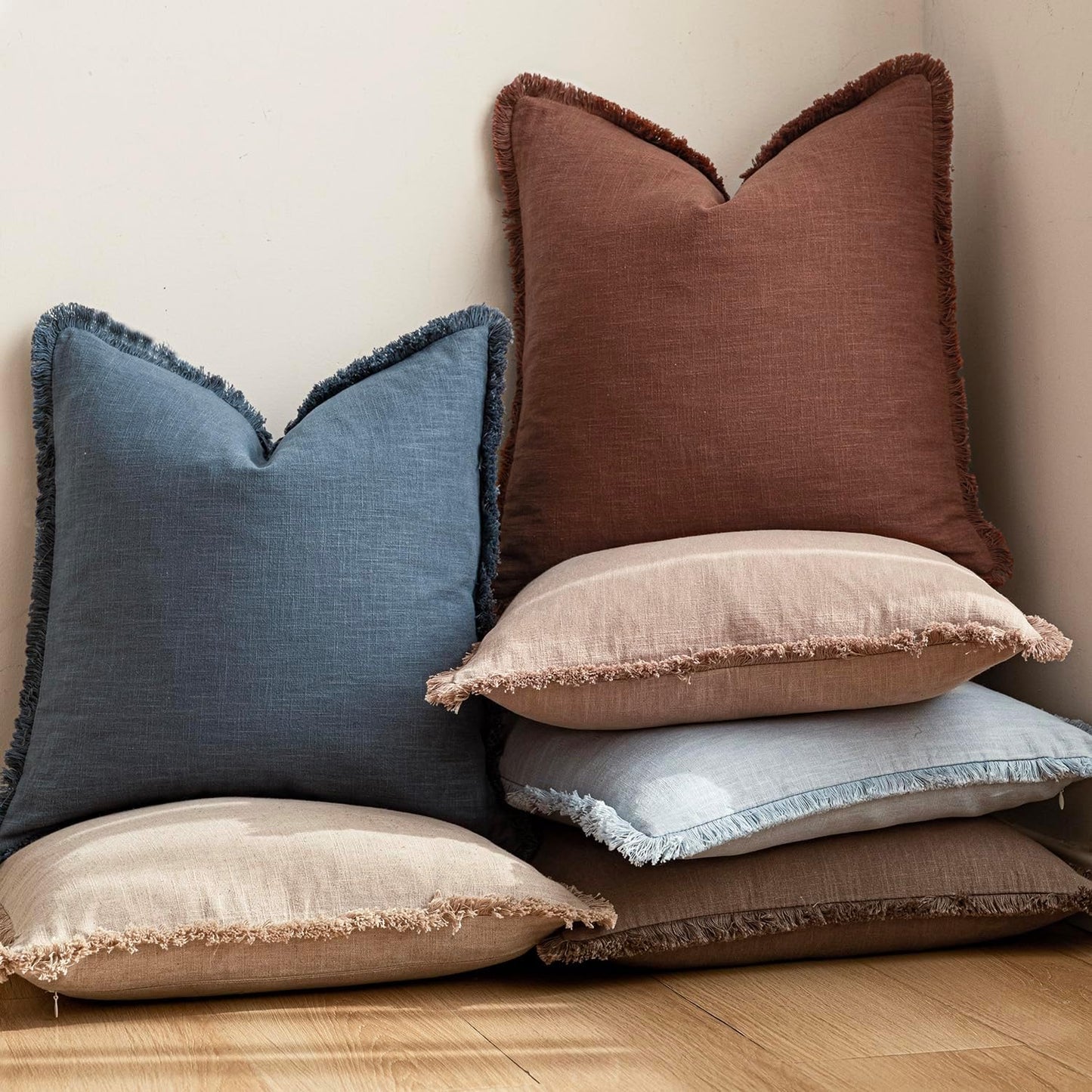 Foindtower Set of 2 Decorative Linen Fringe Throw Pillow Covers Cozy Boho Farmhouse Cushion Cover with Tassels Accent Pillowcase for Couch Sofa Bed Living Room Home Decor,26×26 Inch,Dark Blue