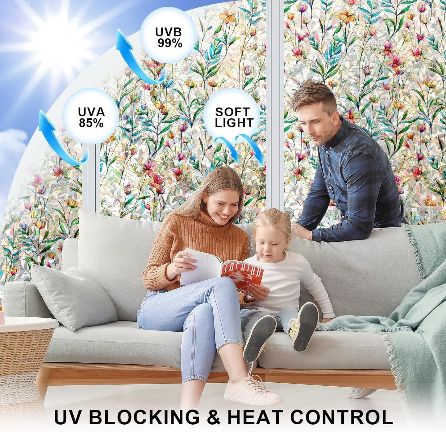 Rainbow Window Privacy Film 3D Floral Decorative Stained Glass Window Film Anti UV Non-Adhesive Reusable 23.6" x 78.7" for Home Room Car Glass Cling