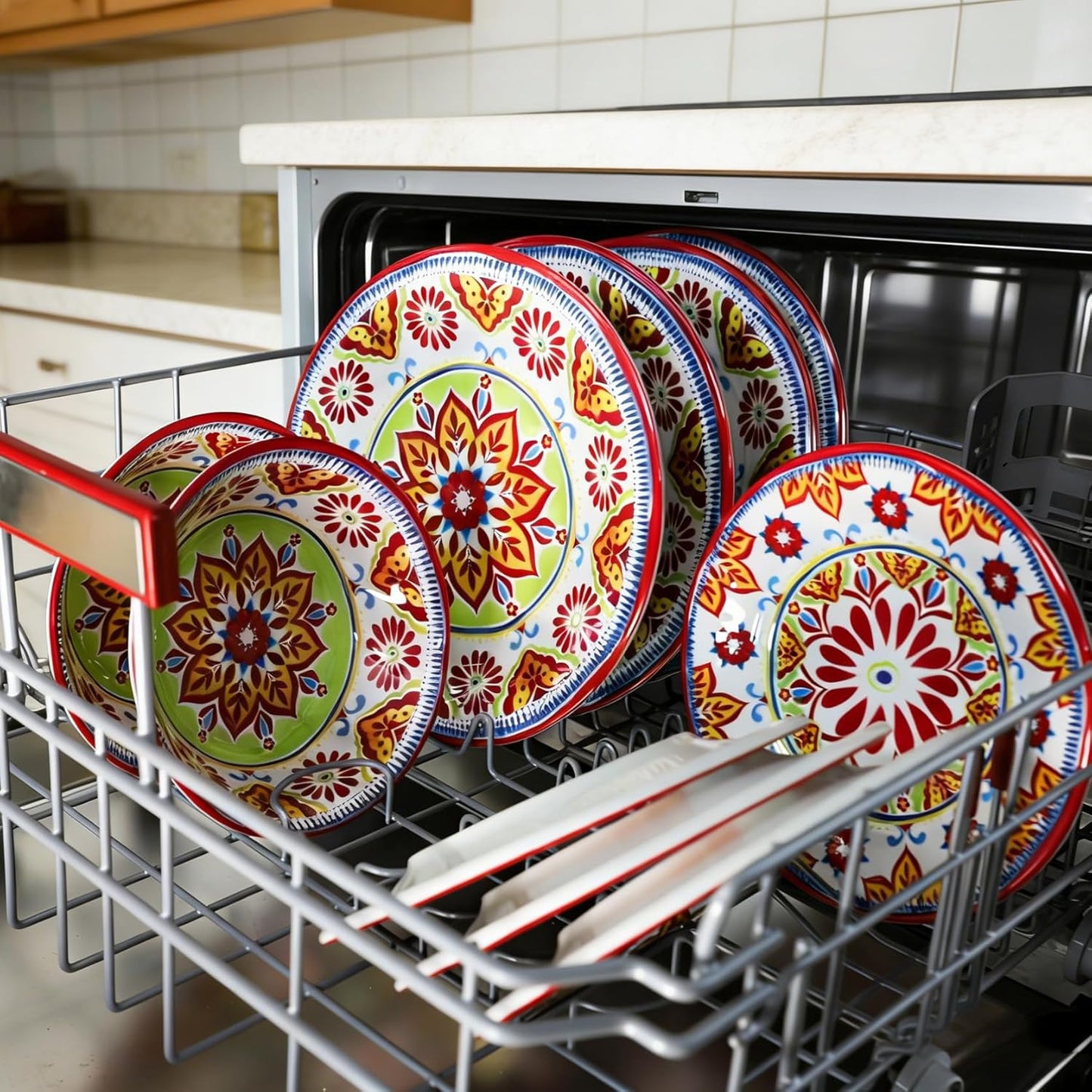 Premium Melamine Dinnerware Sets for 4, 12-Piece Plates and Bowls Sets, Shatterproof & Lightweight Dish Set for Indoor and Outdoor Use, Dishwasher Safe, Boho Red