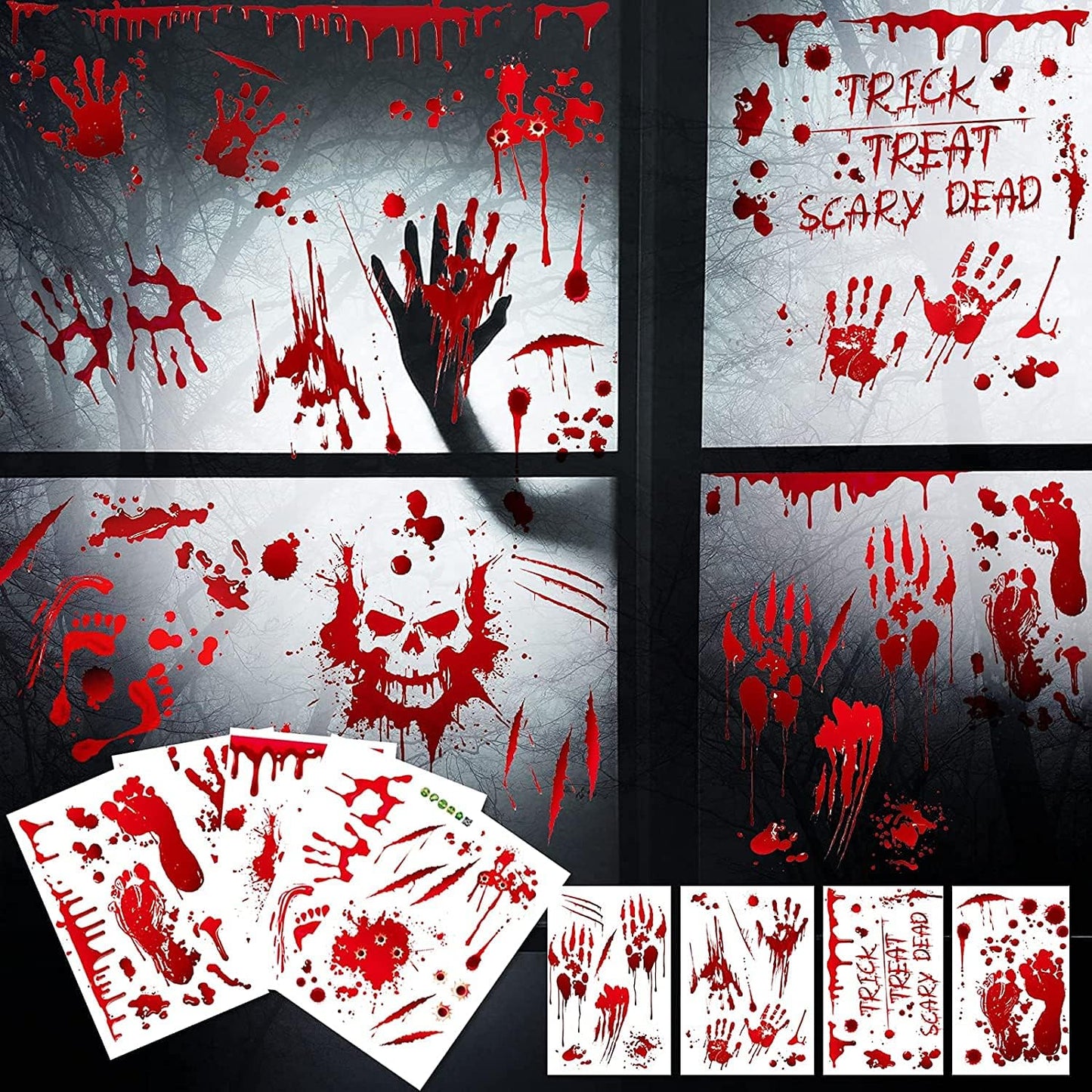 MSQ 95 Pcs Bloody Window Stickers - Removable Handprint Footprint Decals Floor Clings for Halloween Party Decorations - 9 Sheets Horror Window Stickers