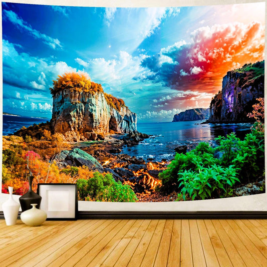 Delur Coastal Ocean Beach Tapestry Tropical Forest Tree Sunrise Sea Landscape Tapestry Wall Hanging Wave Sunset Nature Colorful Spiritual Headboard for Bedroom Living Room Home Decor (59.1" x 78.7")