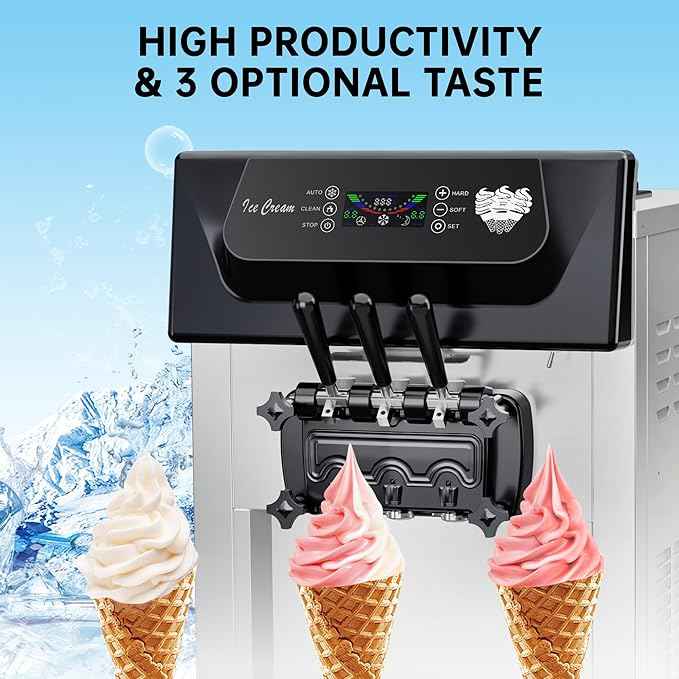 Commercial Soft Serve Ice Cream Maker Machine 3 Head Countertop, 2200W Heavy-Duty Frozen Yogurt Dispenser for Restaurants, Fast Serving & Easy Clean (YKF-8216T, 110V)