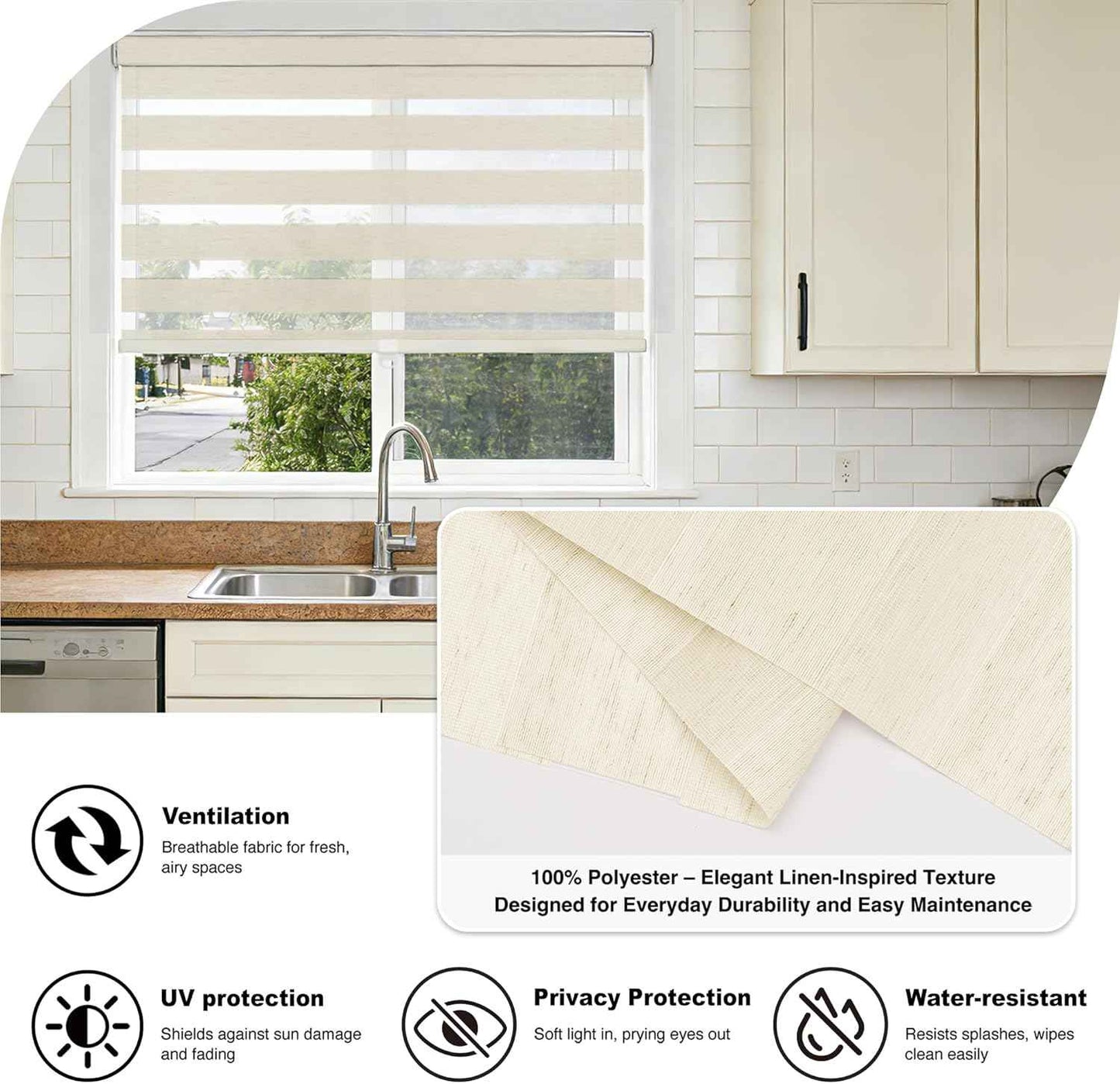 HESTIA Cordless Light Filtering Zebra Shades for Windows, Day Night Dual-Layer Natural Linen Woven Fabric Roller Shades, Privacy Light Control for Living Room/Home Office, Linen, 24" W x 54" H