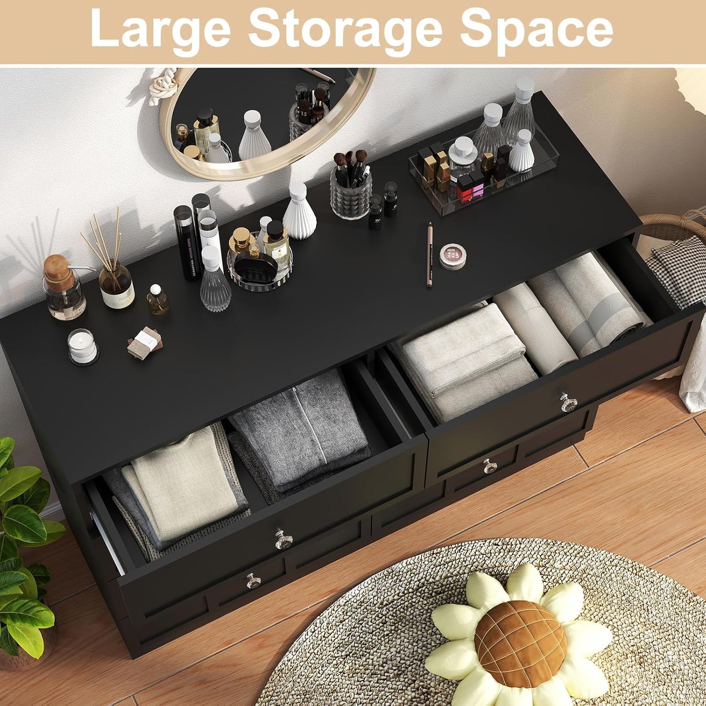 Wood Dresser for Bedroom 8 Drawer: 47" Black Chest of Drawers Wood, Modern Fluted Cabinet with Sturdy Storage, Wide Aesthetic Furniture for Room Organization