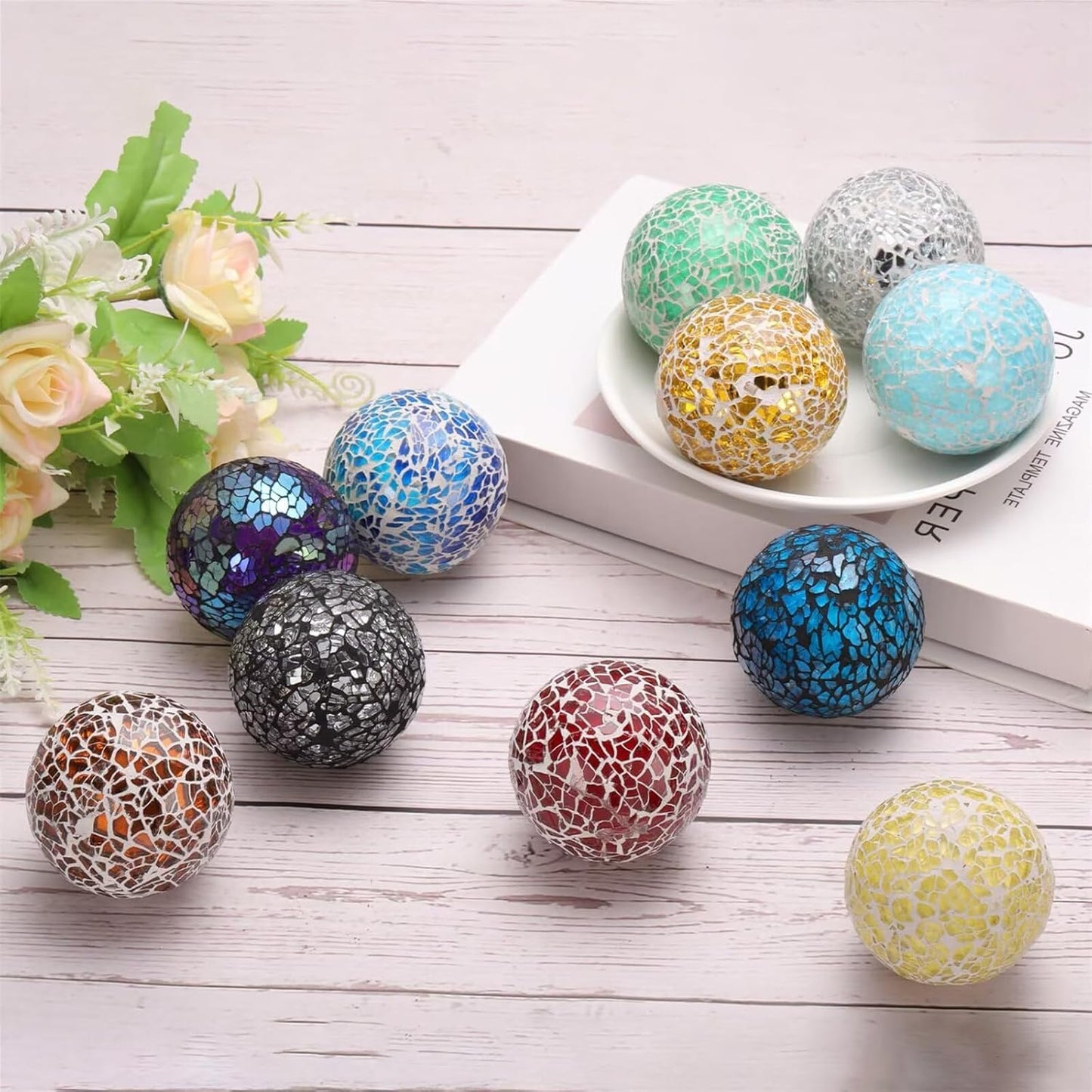 Premium Decorative Ball for Bowls,4" Mosaic Glass Balls Orbs Glass Ball for Home Decor Dining Thanksgiving Christmas Wedding Party Ornaments Coffee Table Centerpiece Decor(3Pcs Red)