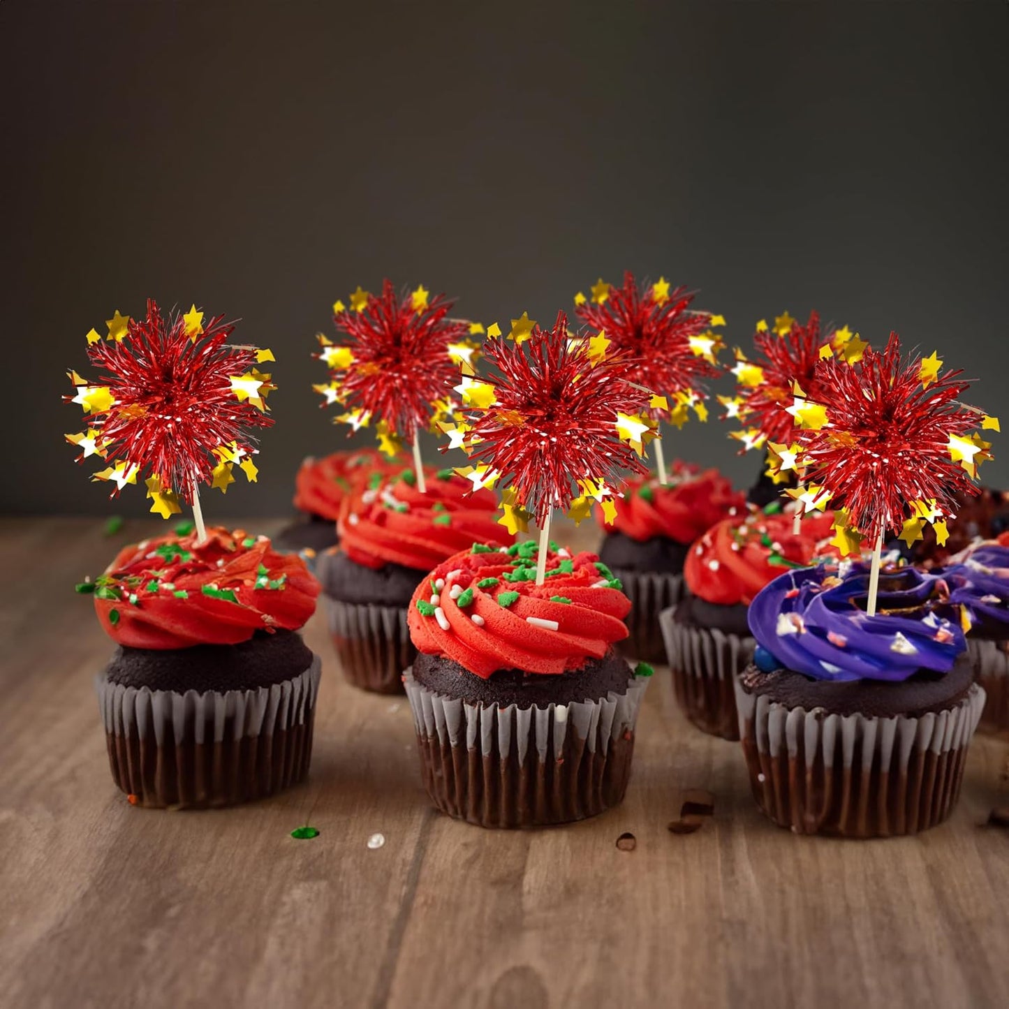 Ephlyn 30Pcs Foil Firework Cupcake Toppers Party Birthday Cake Toppers Supplies Sparkle Tinsel Cocktail Fruit Toothpick for Birthday Wedding Graduation Party Red