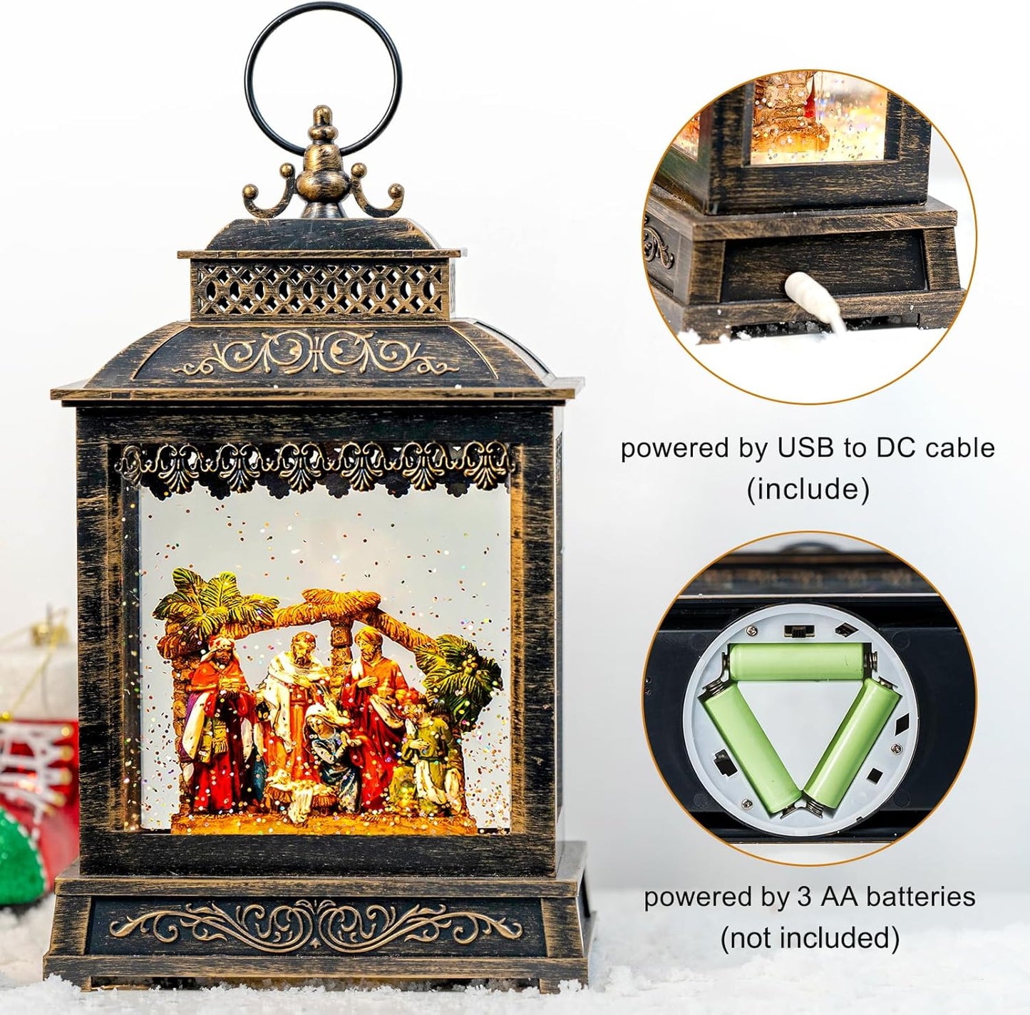 Christmas Snow Globes Lantern Christmas Snow Globe with Music Nativity Scene,6H Timer,USB Lined/Battery Operated Lighted Lantern for Christmas Festival Decoration Gifts