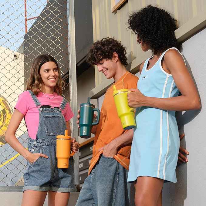 ENCOOL 40 oz Tumbler with Handle and Straw: Stainless Steel Insulated Tumbler Keeps Cold for 24 Hours, Leakproof Travel Cup Fits in Cup Holder and BPA-Free,Elfin Yellow