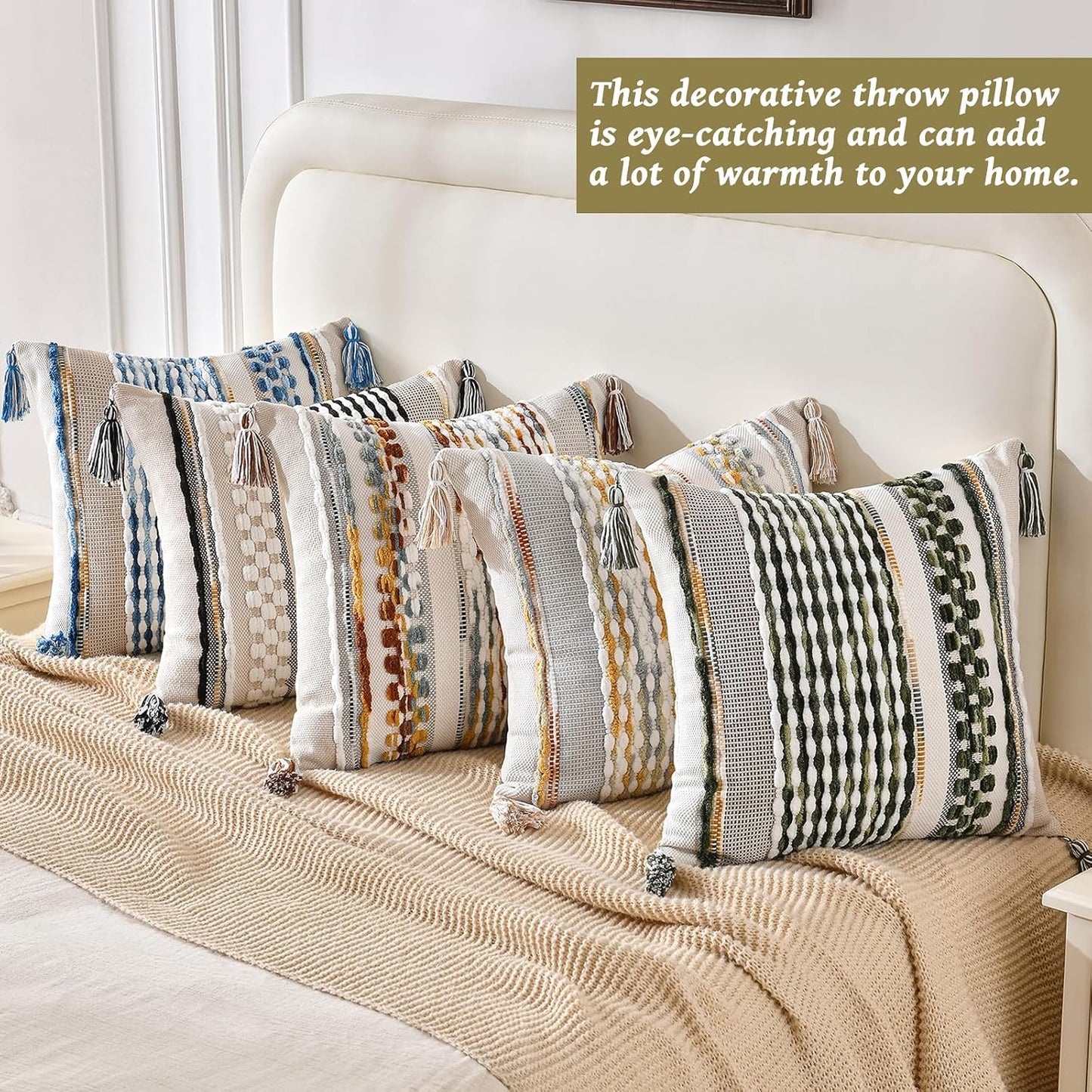 AmHoo Chenille Striped Textured Boho Throw Pillow Covers Aesthetic with Tassels Woven Decorative Pillow Case for Couch Bed Sofa Bedroom Modern Funky 18 x 18-Inch Sage Green