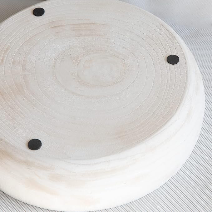 COLLECTIVE HOME - Paulownia Wood Hand Carved Tray, Fruit Snack Holder, Decorative Bowl, Rustic Home Decor Accessories for Coffee Table, Living Room, Wedding Centerpiece, 10" (washed white)