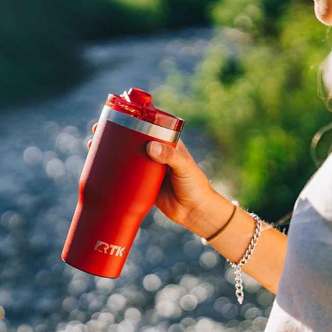 RTIC 20oz Essential Tumbler with Lid, Ceramic Lined, Insulated, Stainless Steel, Metal, Double Wall Vacuum-Insulation, Travel Cup for Iced Coffee, Tea, Hot and Cold Drink, Flag Red