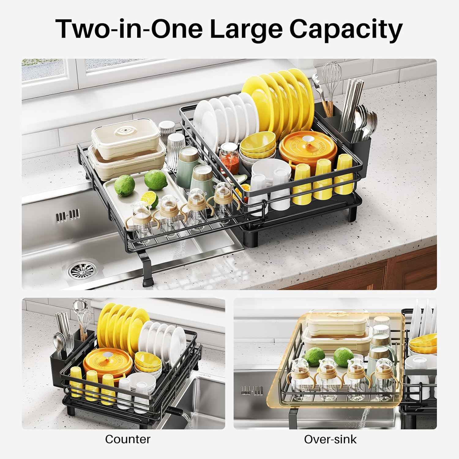 SNTD Dish Drying Rack - Extendable Dish Rack, Large Sink Drying Dish Drainer for Kitchen Counter, Stainless Steel Dish Strainer with Utensil Holder (Black)