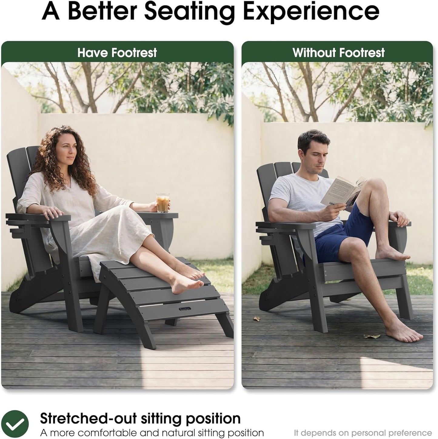 Adirondack Ottoman Footrest for Adirondack Chair, All-Weather HDPE Outdoor Foot Stool, Folding Patio Ottoman for Lawn, Garden, Deck, Backyard, Grey