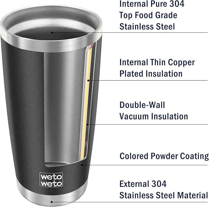 WETOWETO 20oz Tumbler with 2 lids and 2 straws, Stainless Steel Vacuum Insulated Coffee Tumbler Cup, Double Wall Powder Coated Leak-proof Travel Coffee Mug Cup (Black, 1 Pack)