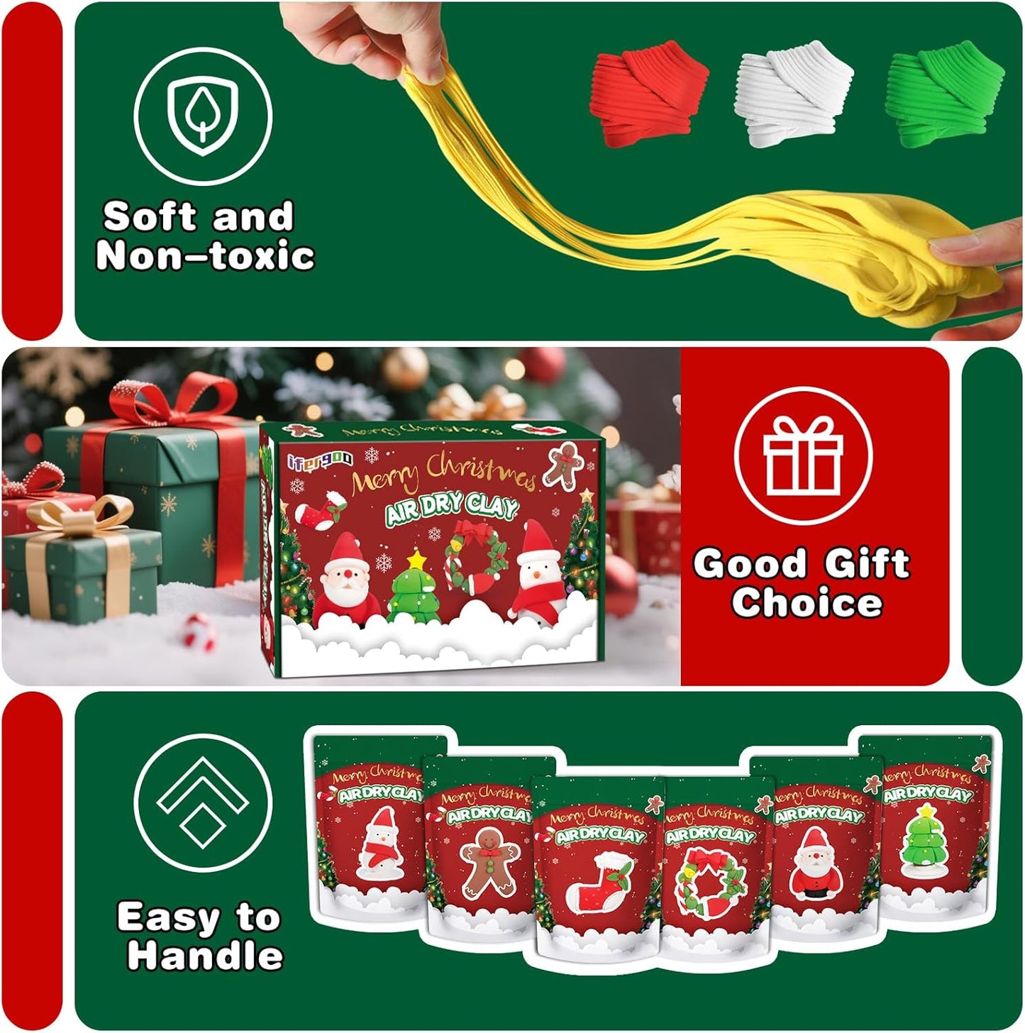 ifergoo Air Dry Clay for Kids - Christmas Modeling Clay Kit, 6 Christmas Molding Designs, Creative Sculpting Activity Kit with Tools & Tutorials, DIY Art Craft Gifts for Girls and Boys