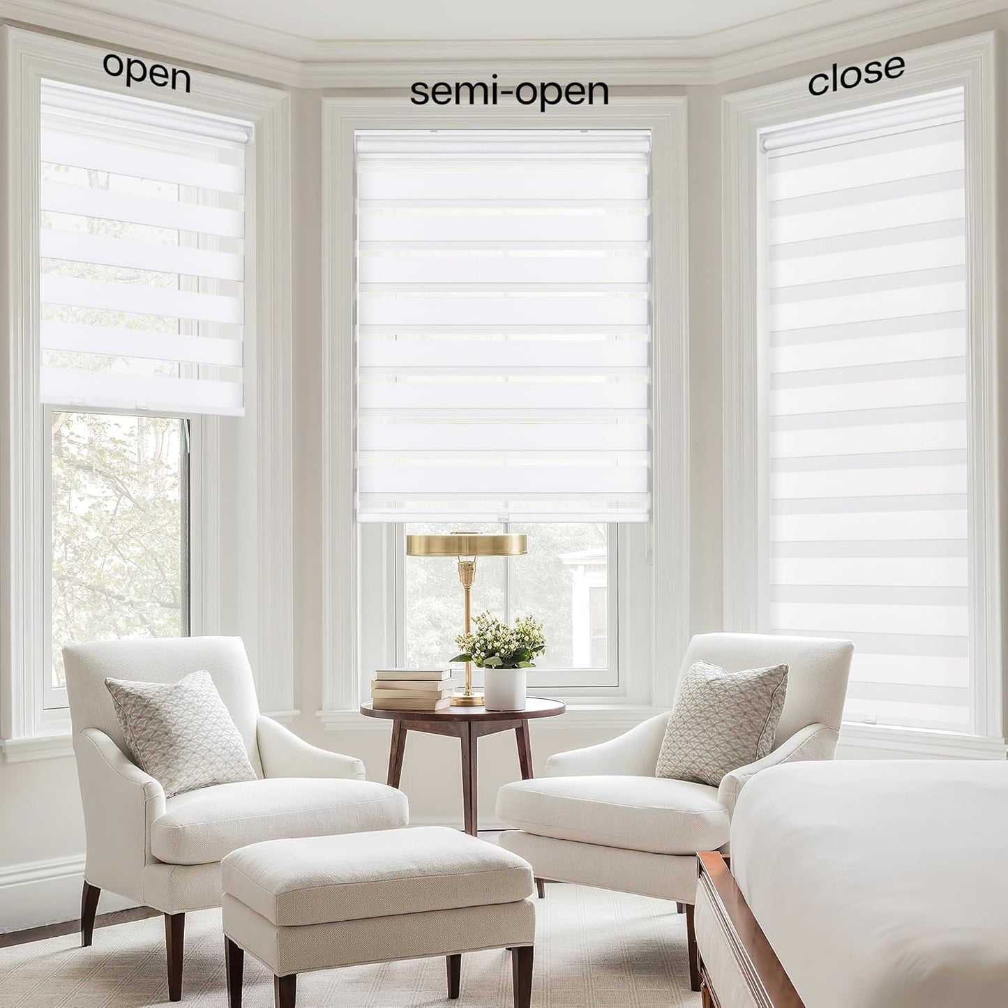 LazBlinds No Tools No Drill Cordless Zebra Blinds for Windows, Dual Layer Light Control for Day and Night, Light Filtering Privacy Roller Blinds and Shades for Home, 36" W x 48" H, White